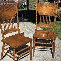 Vintage Country Style Pressed Back Solid Oak Dining Chairs - Set of 2