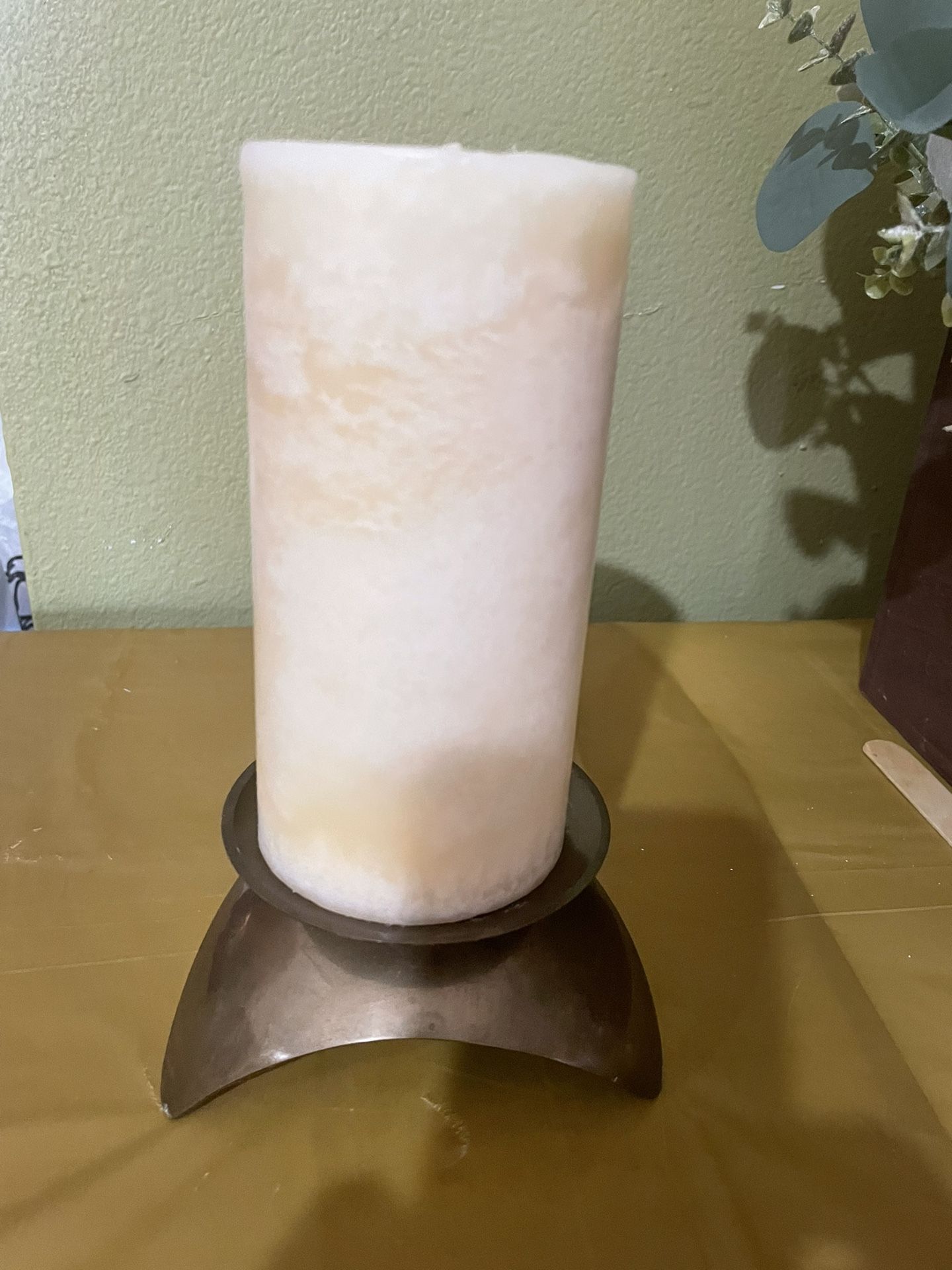 6” Cream Color Pillar Candle In A Made In India Brass Holder