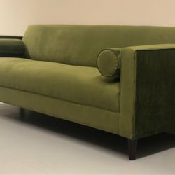 Brand New Modern Sofa/ Couch in Avocado Green Velvet Upholstery Made in USA Solid Wood Frame