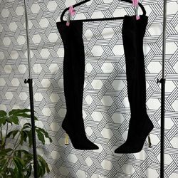 Over The Knee Black Boot With Gold Heel