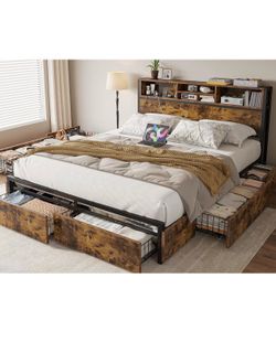 Queen Bed Frame with 6 Storage Drawers, Headboard & Charging Station, Noise-Free Metal Platform Bed, No Box Spring Needed,Vintage Brown