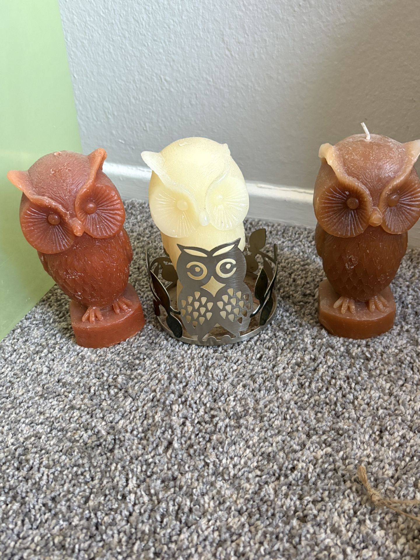 3 Owl Candles And Candle Holder 