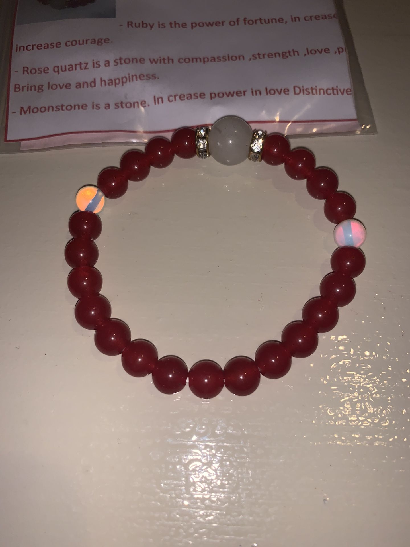 NEW RUBY, ROSE QUARTZ & MOONSTONE STRETCH BRACELET