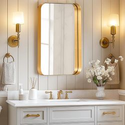 24”x16” Recessed Medicine Cabinet with Mirror for Bathroom, Wall Mounted Deep Metal Framed Rounded Corner Rectangle