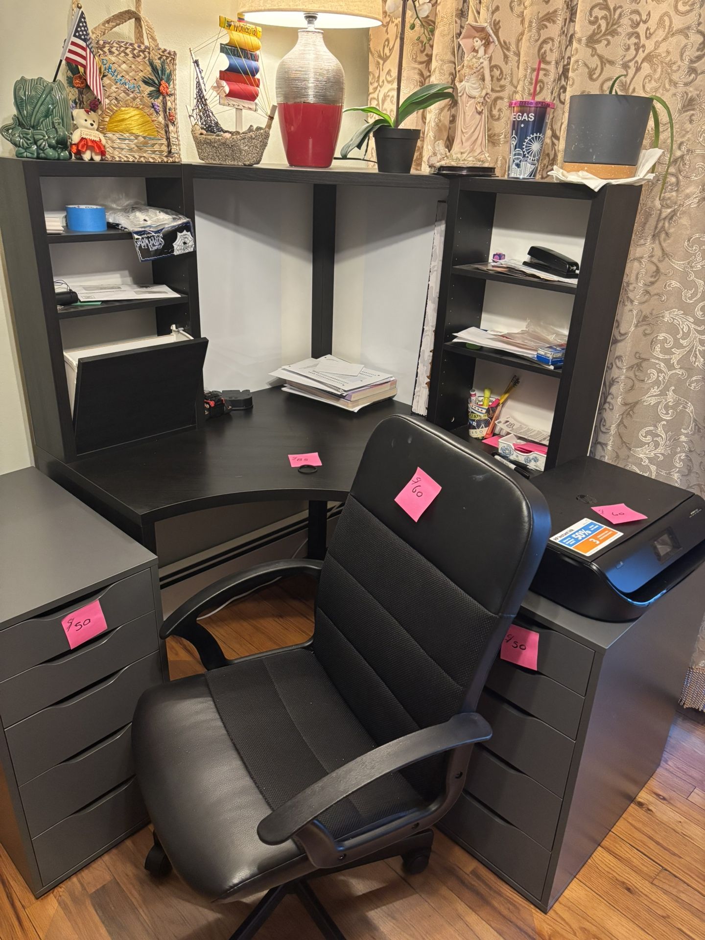 Full Desk Set With Cabinet Fillers And Printer And Chair 
