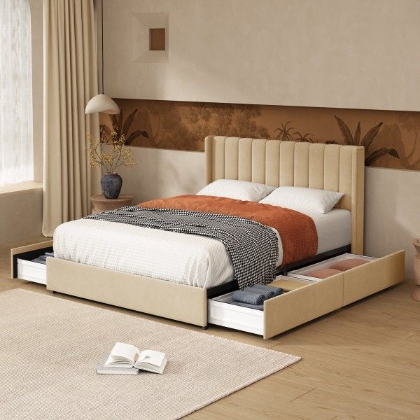 Queen Platform Pale Gold With Storage Drawers