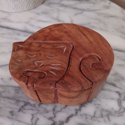 $15 Handcrafted Wooden Puzzle Trinket Box Handmade Sleeping Cat Hidden Storage.