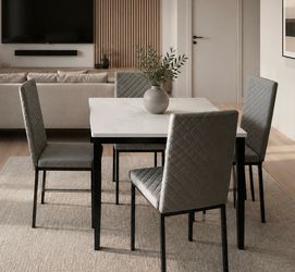 5-Piece Faux Marble Dining Set with 4 Grey Quilted Chairs
