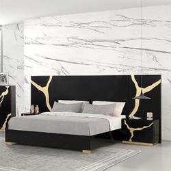 Black Gold Contemporary Bed + 2 Nightstands