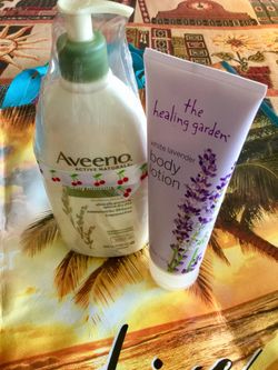 Selling together 2 body lotion and Moisturizer . One by Aveeno 18 Fl .oz large pump bottles and white Lavender scented body lotion . NEW. ever been u