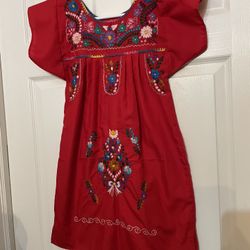Beautiful Red Mexican Featuring Colorful Hand Embroidered Floral Design Size 6T