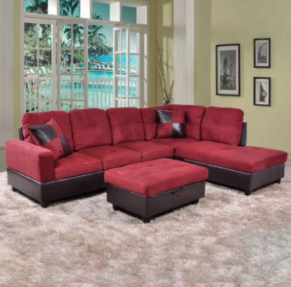 Red Microfiber Sectional Sofa W/ Ottoman And Pillows Brand New In Boxes