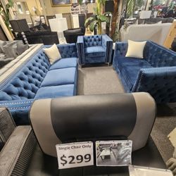 Brand New Blue Velvet Sofa + Loveseat + Chair 3PCs Set