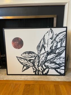 Framed Modern Botanical Canvas Wall Art – Black & White Leaves | 29" x 23"