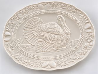 Vintage Japan White Embossed Turkey Platter 18” Thanksgiving Serving Plate