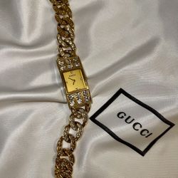 Women’s Gold Gucci Watch  With Pavé Belt Band