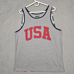 Mad Engine Mens Size Medium Grey Tank Top USA With Cape Patriotic 4th July