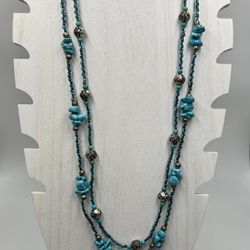 Similated Turquoise, 12” Bead And Silver Necklace