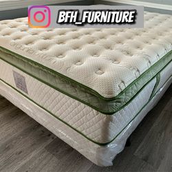 14in QUeen Size Elite Organic Superior Hybrid Gel Memory Foam Pillow Top Mattress and Boxspring