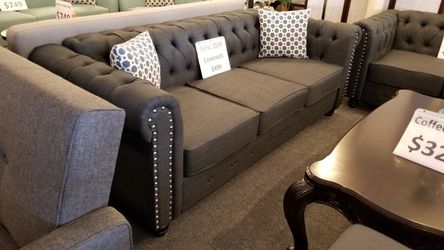 Brand new grey tufted sofa $549, loveseat $499