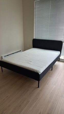 IKEA Black Upholstered Full Sized Bed Frame + Mattress
