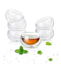 Double-walled Borosilicate Teacup Glass Heat-resisting Tea Cup Hold 2 Oz, Set of 6