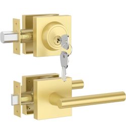 (Brand New in Box)  Asidrama 1 Pack Brushed Gold Passage with Deadbolts Front Door Lock Set,3 Keys Included /Single Cylinder Deadbolts/ Heavy-Duty Zin