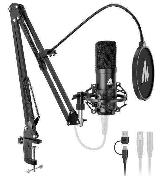 MAONO XLR/USB Condenser Microphone: 192kHz/24Bit Plug & Play PC Computer Podcast Cardioid Metal Mic Kit with Software, Professional Sound Chipset for