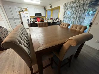 Wood Dining Table with Upholstered Chairs and Bench