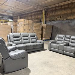  🔥Set of 3🔥Manual Recliner Sofa Set, Gray Genuine Leather Diamond Stitched with Nailhead Trim, Includes Sofa, Loveseat with Storage Console, Recline