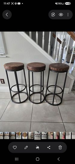 3 Solid Wood and Metal dining Stools