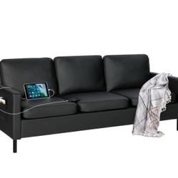1349i 72" W Faux Leather Black Sofa 3 Seat Couch, Modern Comfy Couch with 2 USB, Small Couches for Living Room Apartment Bedroom Small Spaces, Office(