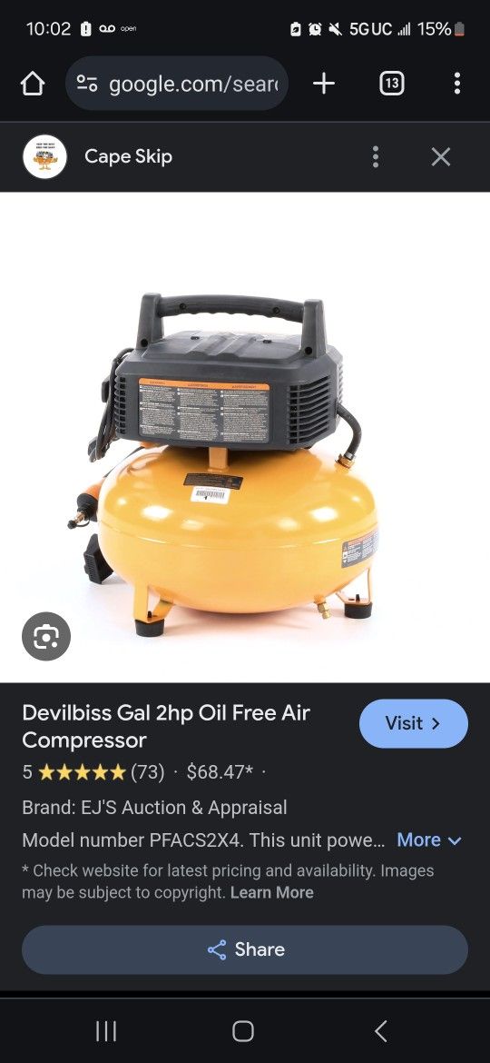 Devilbiss Gal 2hp Oil Free Air Compressor 4 gallons 