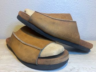 Vintage POLO SPORT Ralph Lauren Y2K Slides Sandals Tan Leather Platform Comfy Mens Sz 11 Chunky Bulky