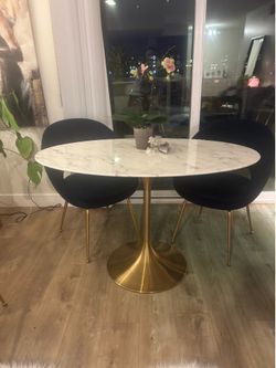 Dining Table with Artificial Marble Top and Gold Base