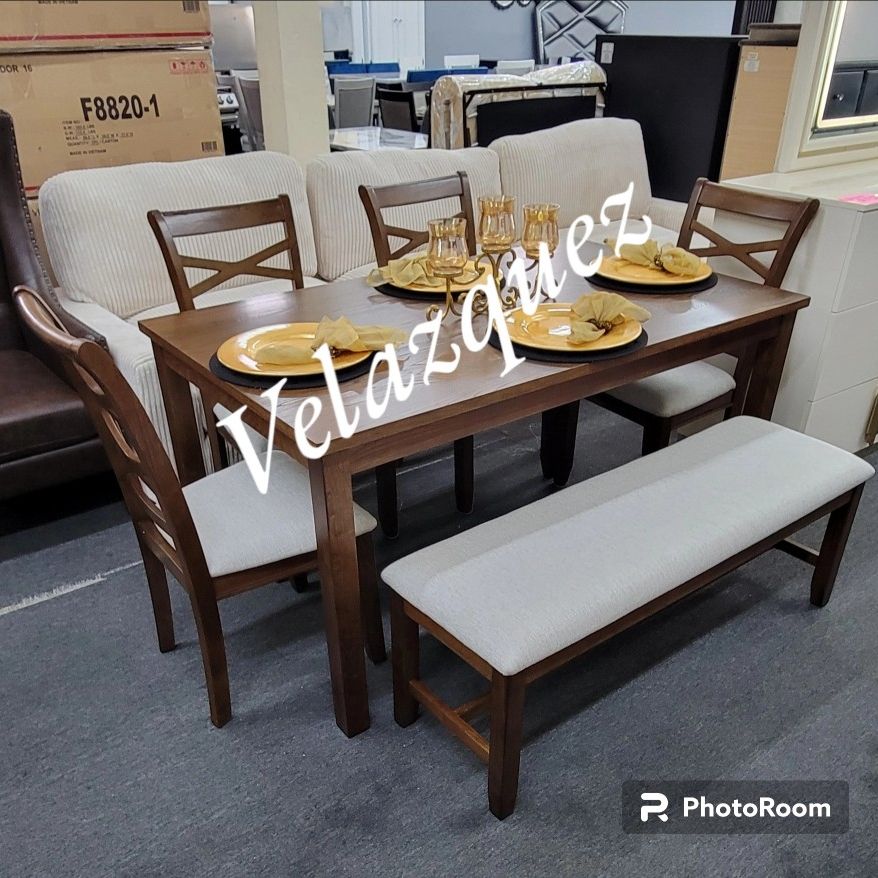 ✅️✅️6 pc brown finish wood dining table set padded seat chairs and bench✅️ 