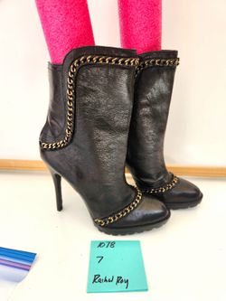 Rachel Roy Women’s Black Leather Mid-Calf Zip Chain Boots US 7