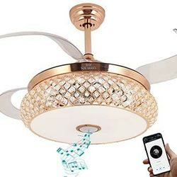 BAYSQUIRREL Retractable Invisible Ceiling Fan with Light and Bluetooth Speaker, Modern Bluetooth Fan Chandelier with Remote Control 7 Color Change 36W