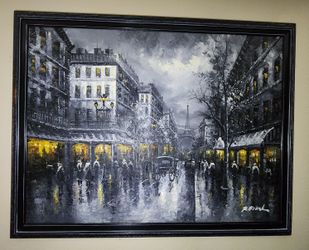 Large Oil Painting - A Night in Paris" by R. Frank - 53”x41