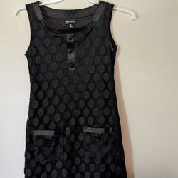 Enfocus Studio Women Size 4P Black Dress Pockets Sleeveless Polka Dot Overlay