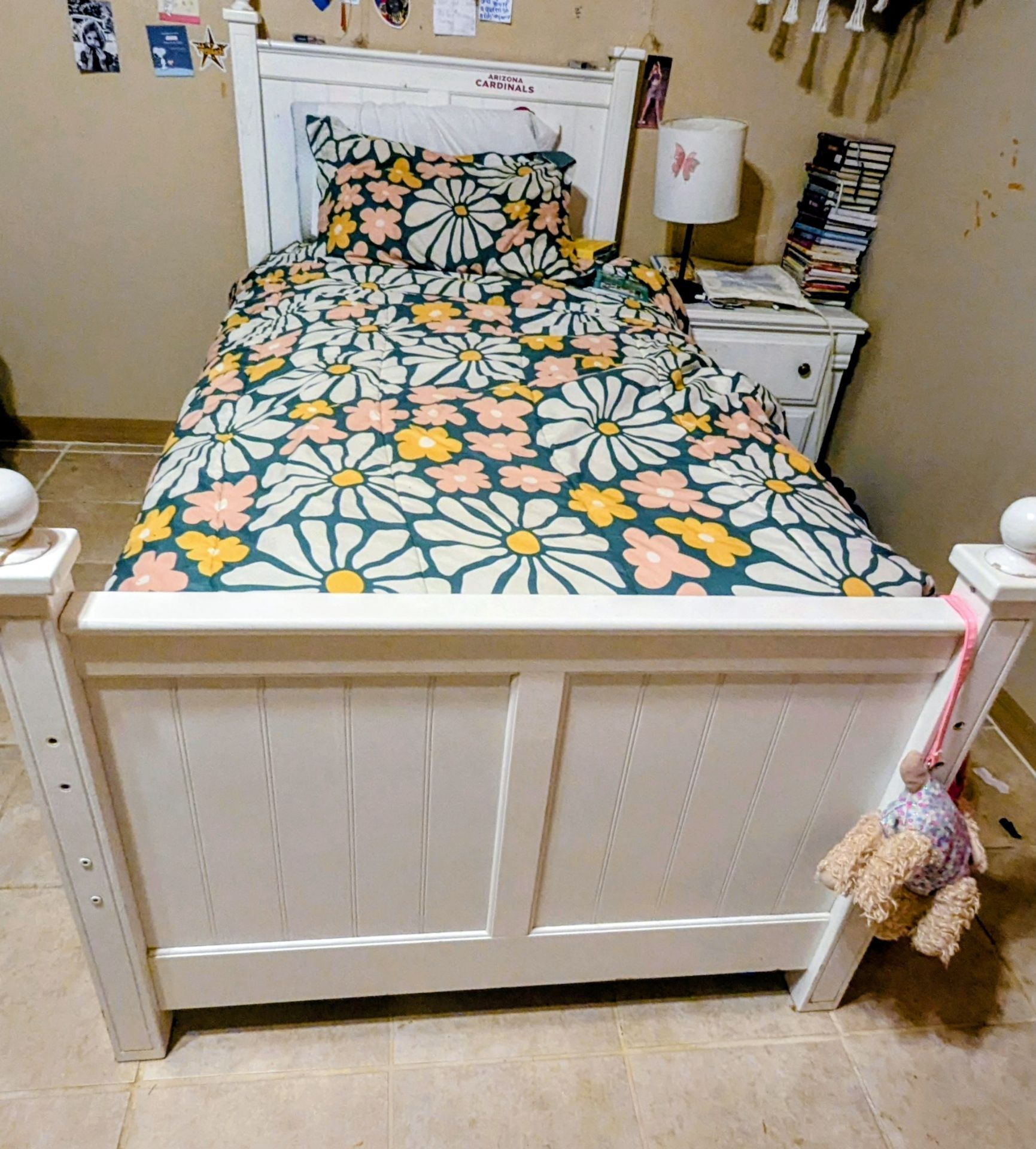 White wood twin bedframe headboard and mattress