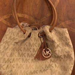 Michael Kors Signature MK Canvas & Leather Handbag Purse – Cream/Tan