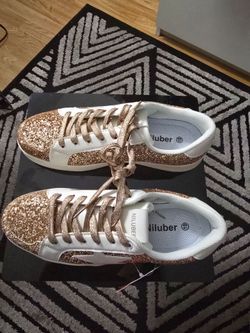 Niluber Rose Gold Glitter Sneakers – White Sparkle Shoes – Size 10