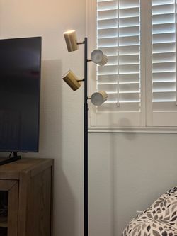 Black and brass spotlight LED floor lamp.