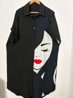Black Graphic Print Button-Down Shirt Dress