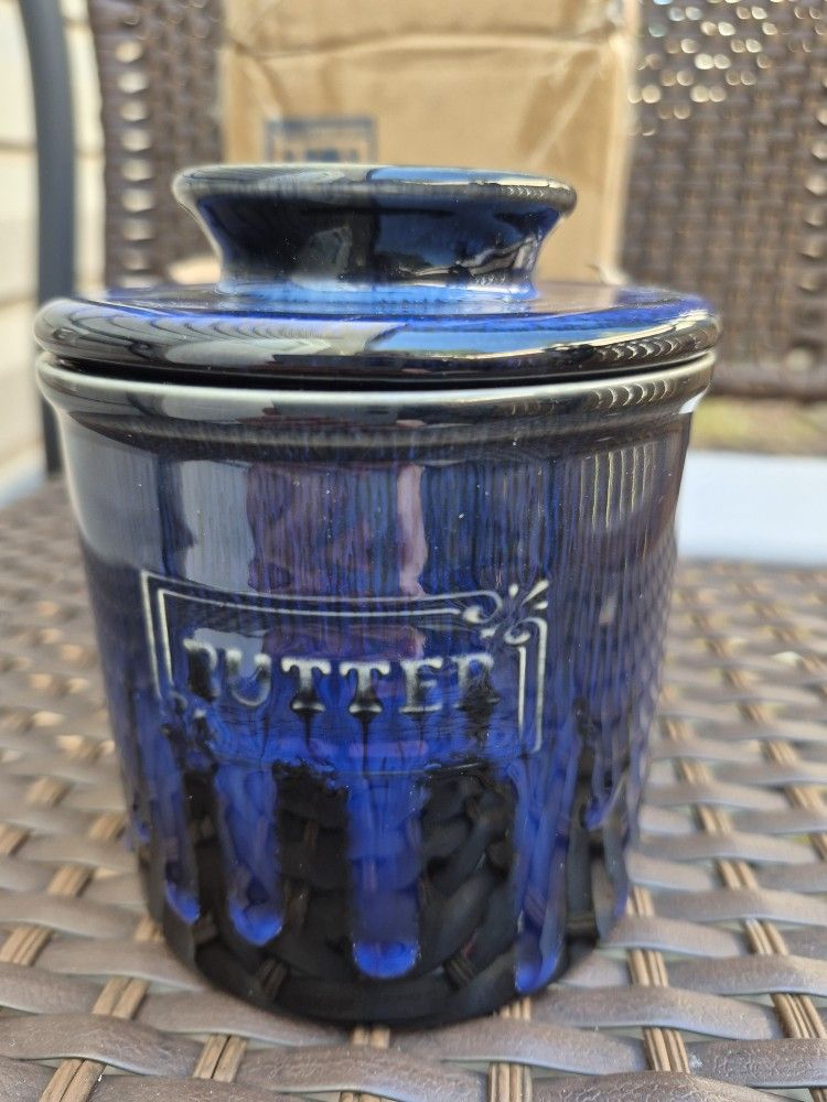 Porcelain Butter Bell Black With Blue Drip Butter Crock Dish 4 Inch NEW