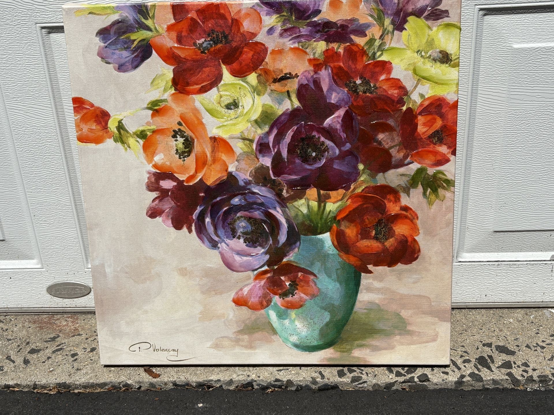 Colorful Floral Artwork Painting Paint Still Life of Flowers in Vase Signed Paul Valencay 19.5” Square Canvas