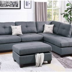 3 PC SECSIONAL SOFA  BLUE GREY REVERSIBLE L/ R CHAISE 