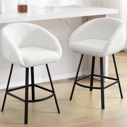 Swivel Counter Height Stools Set of 2, Modern Barrel Bar Stools for Kitchen Island, 26'' White Sherpa Kitchen Counter Height Chairs with Barrel Arms &