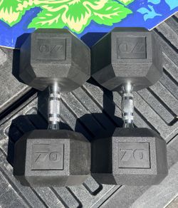 PAIR  OF  NEW   RUBBER  CAP  70 LB.  DUMBBELLS